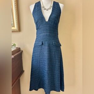 A.L.C. Navy Boucle Tweed Midi Dress Sleeveless Deep V-Neck Flap Pocket Size 8